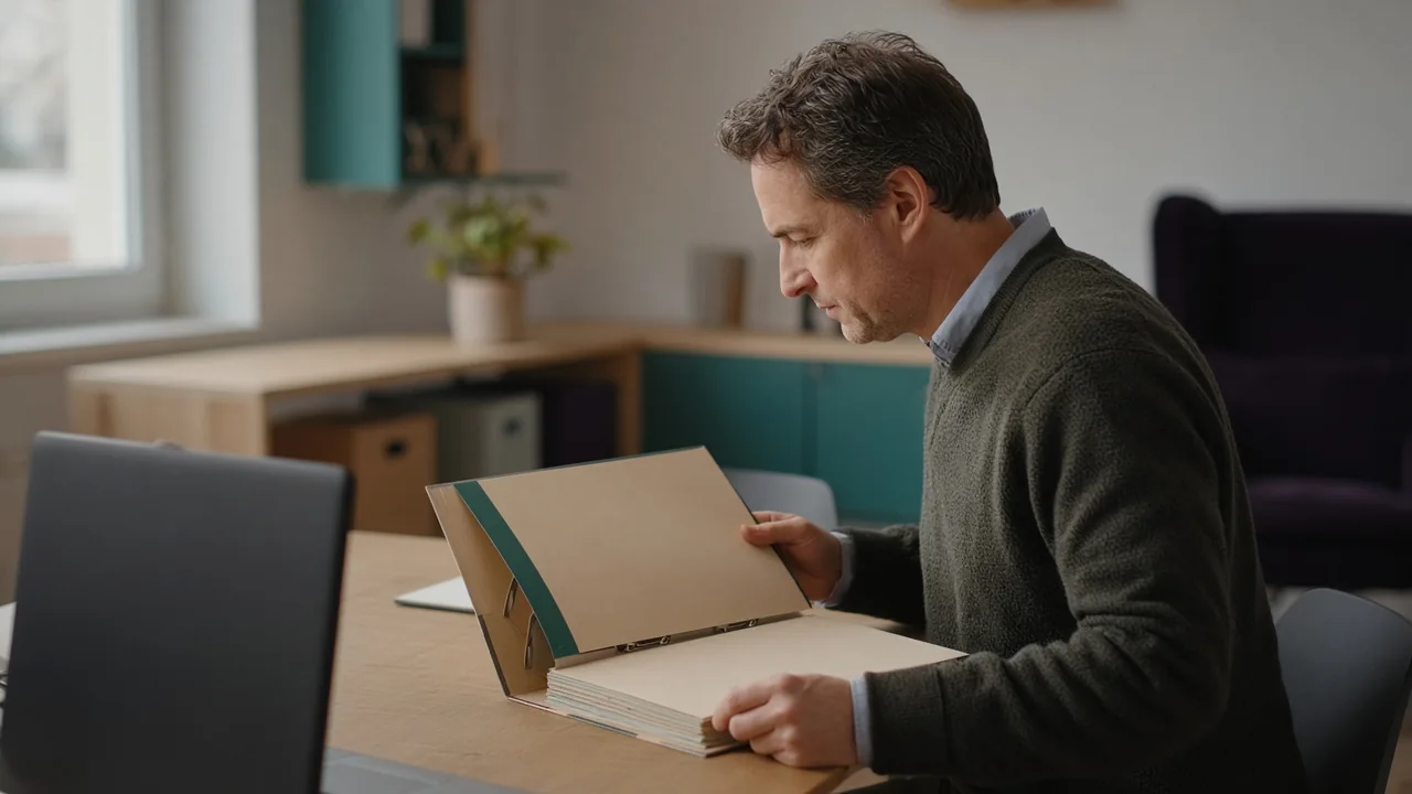 Professional reviewing a blank reference binder